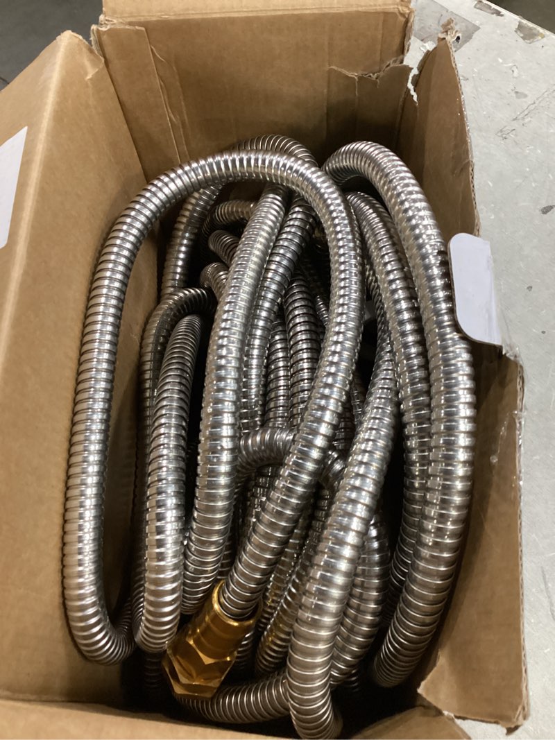 Condition photo showing As Is for garden hose metal 100ft, stainless steel heavy duty water hose with 10 function nozzle, no-kink, tough & flexible, sturdy and lightweight, rust proof for yard, outdoor, rv