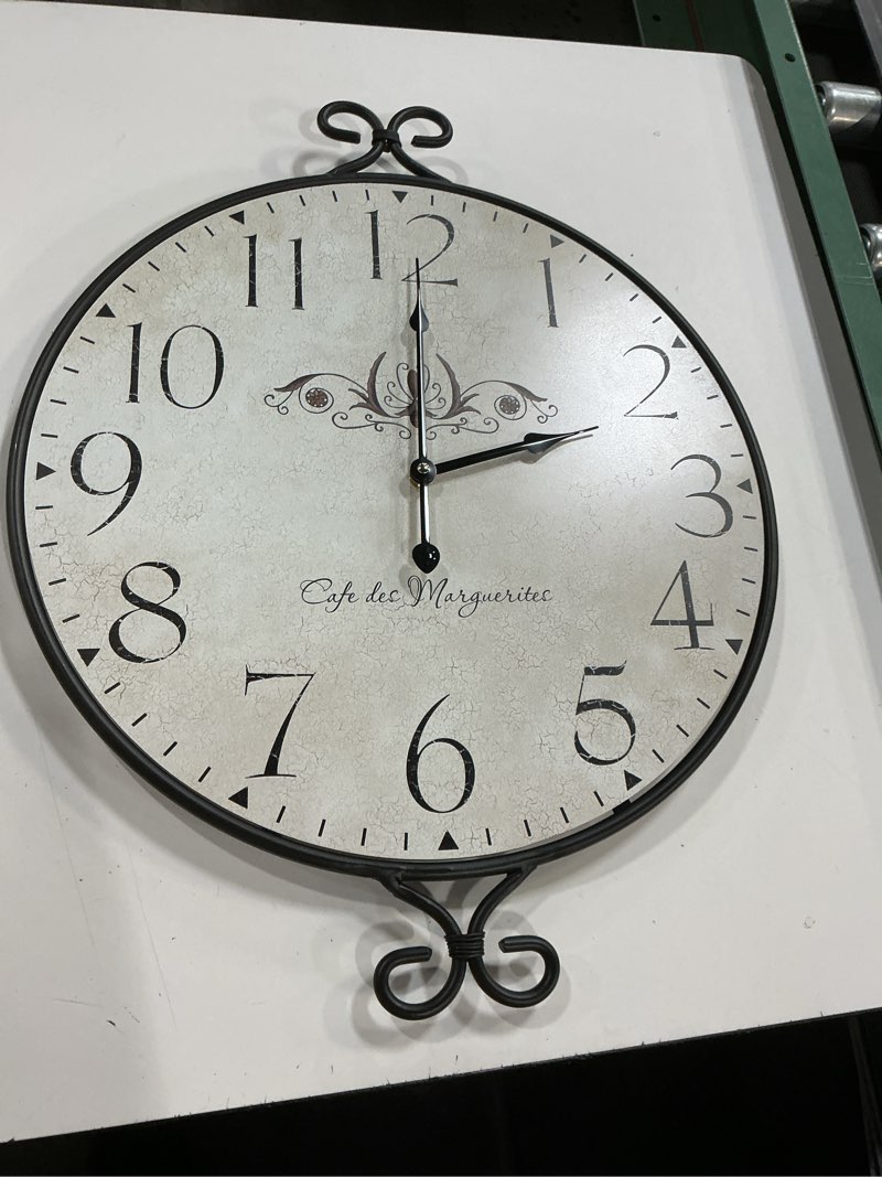 Condition photo showing Good Condition for 24 Inch Large Farmhouse Wall Clock, Wrought Iron Frame with Warm Gray Finish, Silent Battery Operated Wall Clock for Living Room Kitchen Bedroom Vintage Wall Clock-24'' 24 Inch