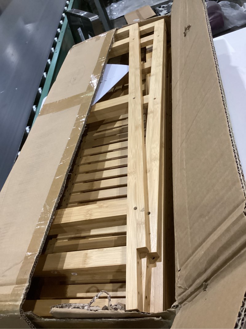 Condition photo showing Good Condition for bamjoy bamboo ladder shelf, bookshelf with 4 display shelves and 1 open storage basket, multifunctional storage rack organizer for home office, bedroom, living room, 66” h natural