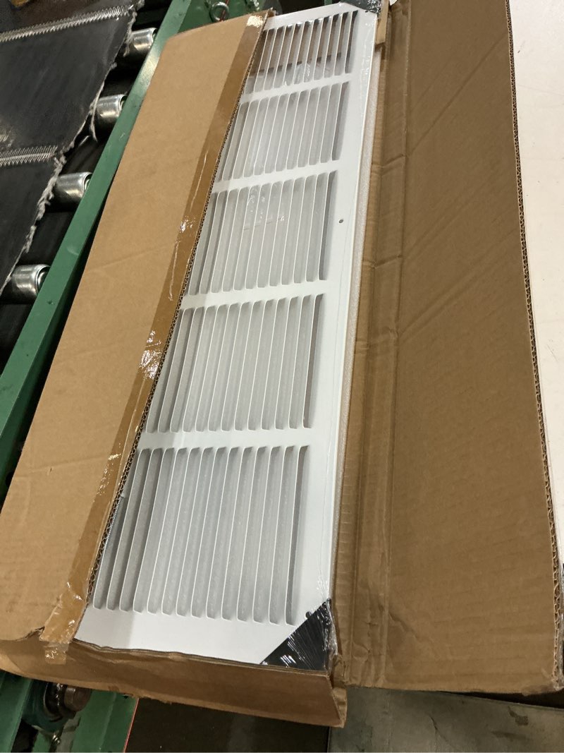 Condition photo showing New/Like New for 30"w x 10"h return air grille [duct opening size], steel hvac return air vent cover for wall & ceiling, white powder-coated rust-resistant ac cold air return, outer dimensions 31.75"w x 11.75"h 30''wx10''h [duct opening] white