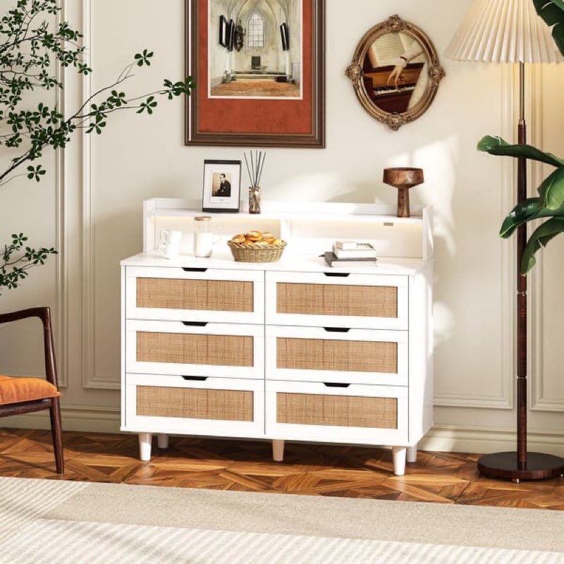6-Drawers Rattan Storage Cabinet Rattan Drawer With LED Lights And Power Outlet