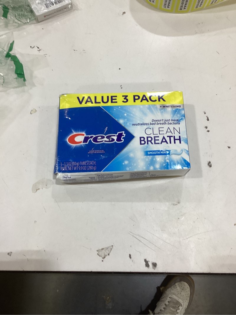 Condition photo showing New/Like New for Crest Toothpaste Clean Breath Smooth Mint 3.3oz Pack of 3 – Neutralizes Bad Breath, Antibacterial Protection, Fights Cavities, Freshens Breath, Gently Whitens