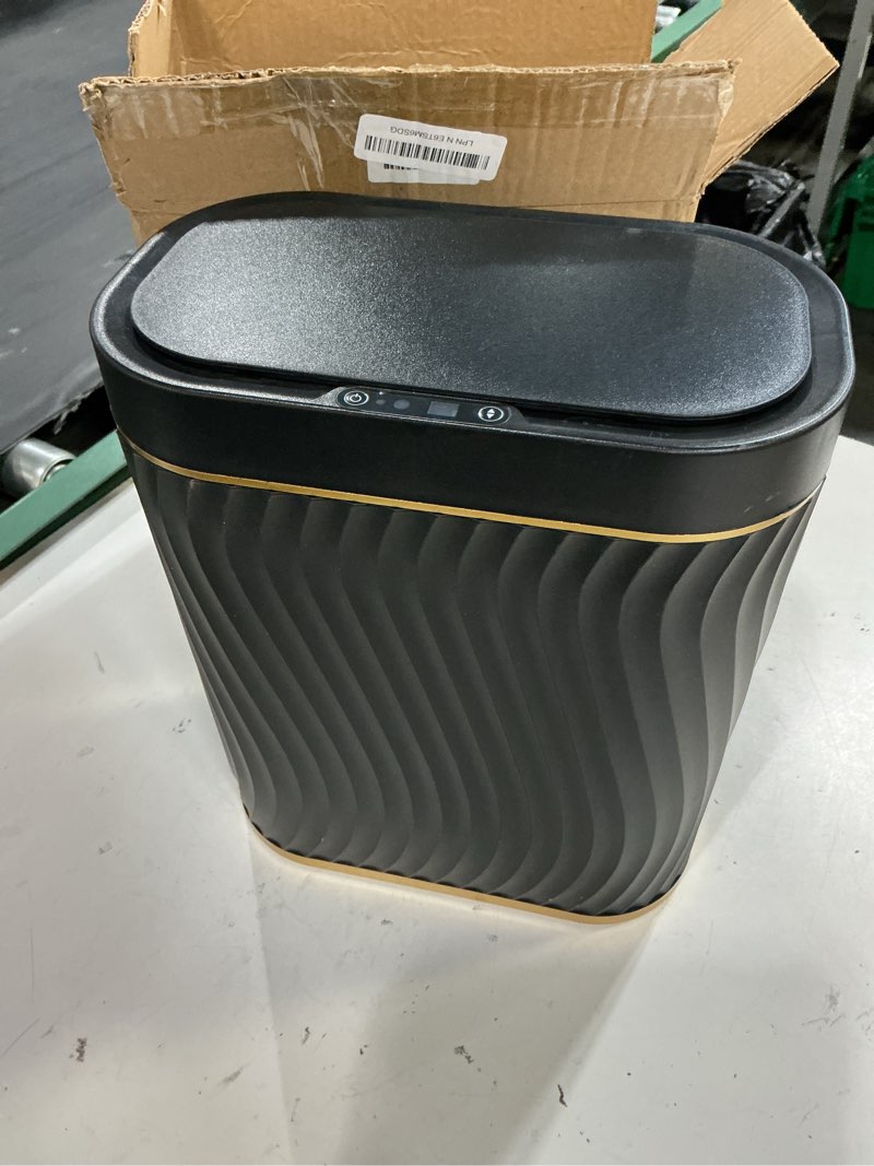 Condition photo showing Good Condition for steo spce automatic motion sensor bathroom small trash can with lid, 2.6 gallon black touchless slim garbage can, smart waterproof trash bin for bedroom, restroom, living room, office gold black