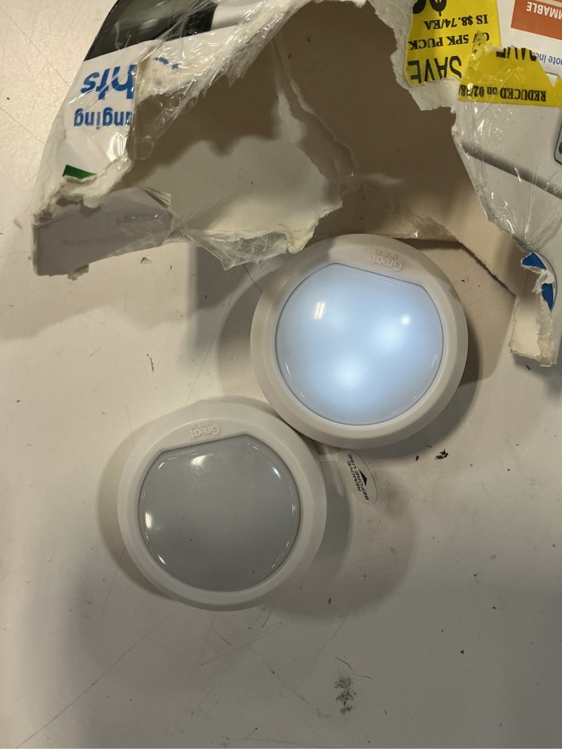 Condition photo showing As Is for great value 5-pack color changing led puck lights with remote and batteries, 1.1 oz, 2.5 in, 4151