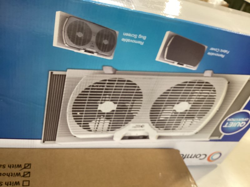 Condition photo showing Good Condition for comfort zone twin window fan with reversible airflow control, 9 inch, auto-locking expanders, 2 speed fan, dual fan, exhaust, airflow 9.84 ft/sec, ideal for home, kitchen, bedroom & office, cz319wt white 9"