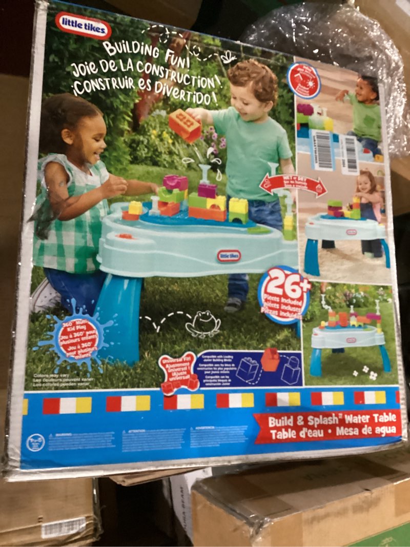 Condition photo showing New/Like New for little tikes build & splash water table with 25 piece accessories - wet/dry play, indoor/outdoor with removeable grow-with-me legs