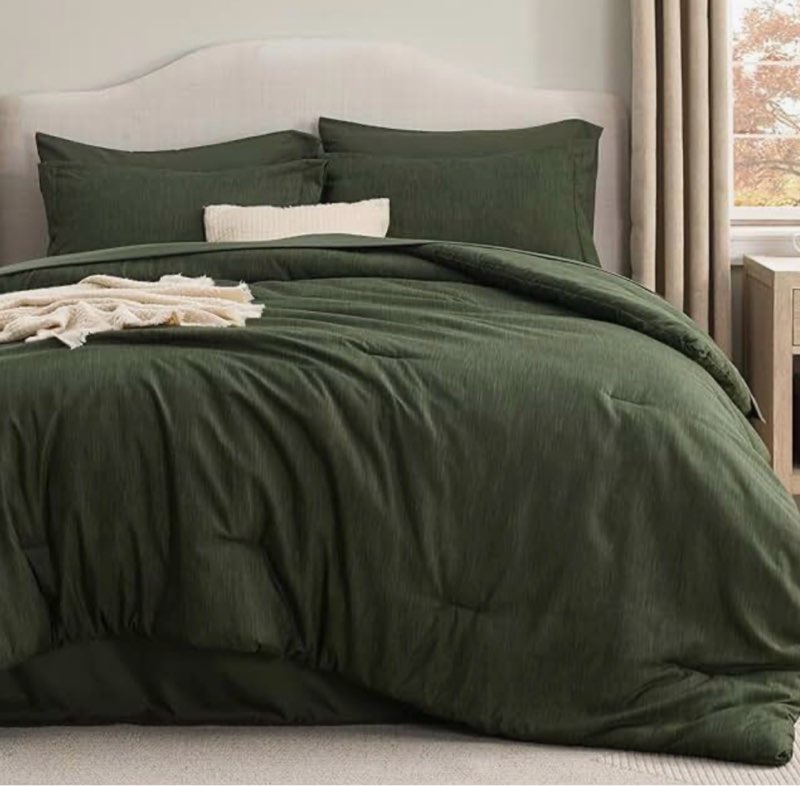 bedsure queen comforter set dark green - bed in a bag queen size bedding 7 pieces, cationic dyed bed