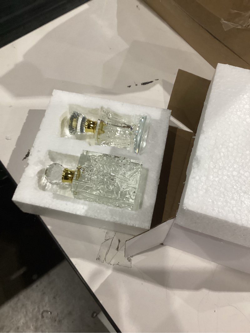 Condition photo showing New/Like New for Okuna Outpost Crystal Glass Perfume Bottle Set - Refillable Perfume Bottles for Fragrance & Oils - Boudoir Props - Pack of 2, Transparent Glass, Round