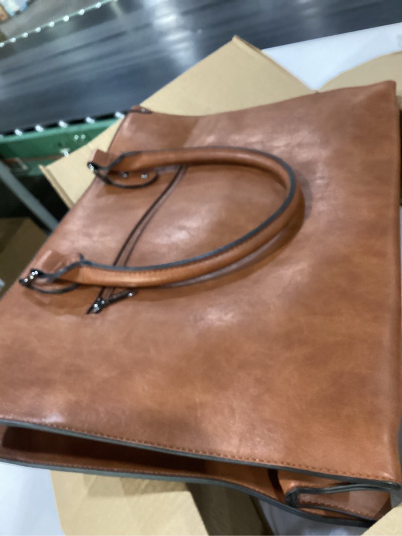 Condition photo showing Good Condition for lovevook laptop tote bag for women, 17.3 inch large capacity vintage leather waterproof work computer handbag with clutch purse, ideal gift for women, office & daily use, dark brown 17.3 inch dark brown