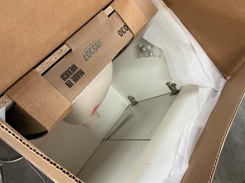 Condition photo showing As Is for project source 24-in deep blue single sink bathroom vanity with white cultured marble top