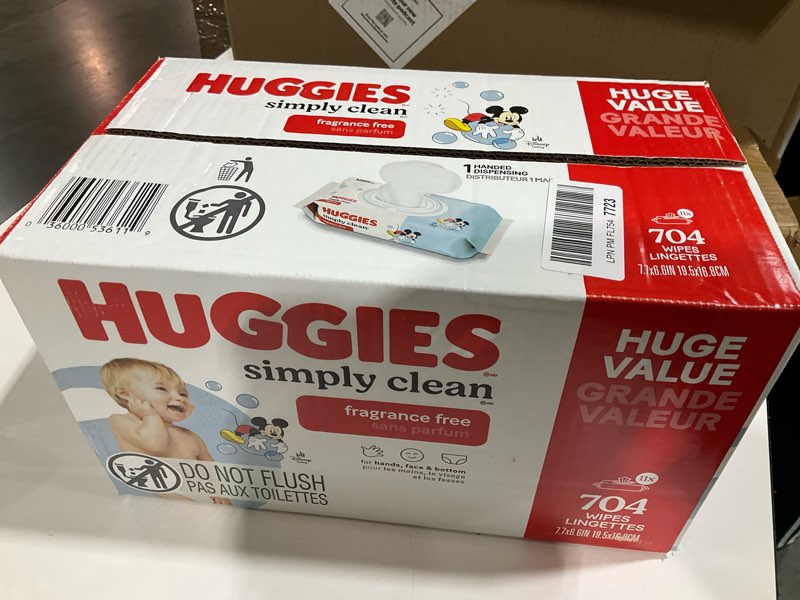 Condition photo showing New/Like New for huggies simply clean unscented baby diaper wipes, 11 flip-top packs (704 wipes total), packaging may vary 64 count (pack of 11)