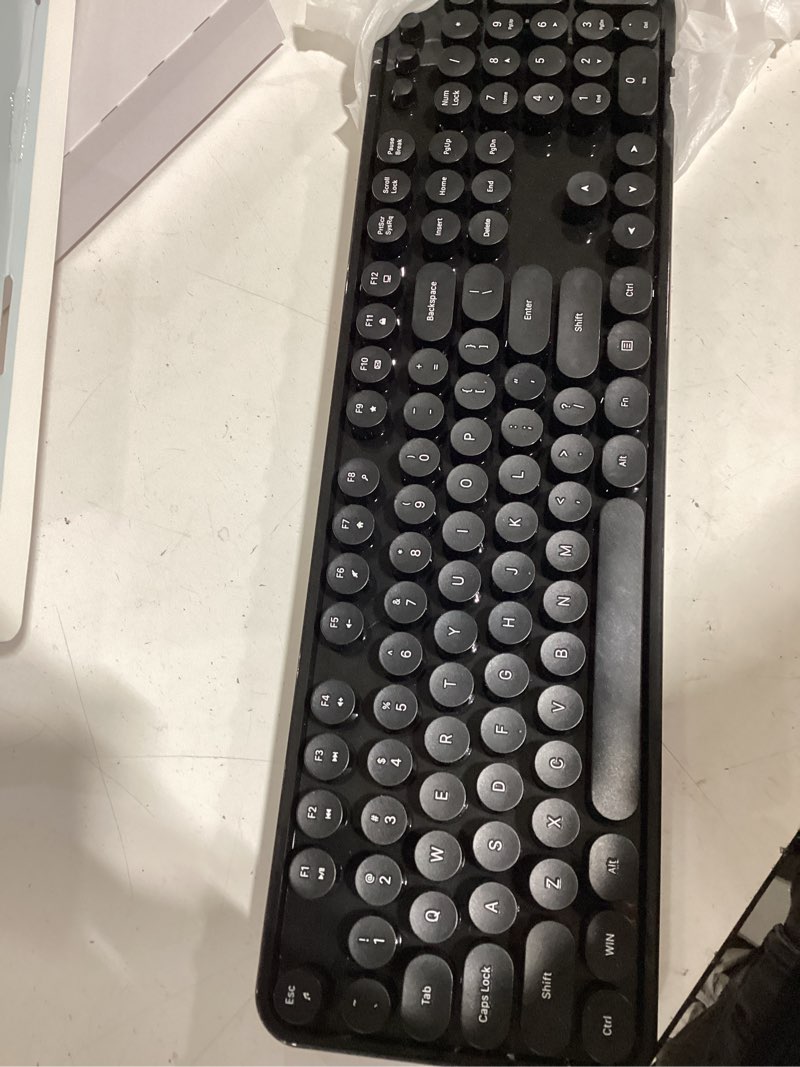 Condition photo showing Good Condition for wireless keyboard and mouse combo, ergonomic full size typewriter retro round keycaps keyboard, compatible with windows, pc, perfer for home and office keyboards (black glossy black