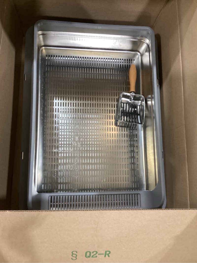 Condition photo showing As Is for stainless steel litter box | xl enclosed cat litter boxes with lid for big cats | high sided, anti-urine leakage | non-stick bottom & includes litter mat & metal scoop silver gray x-large