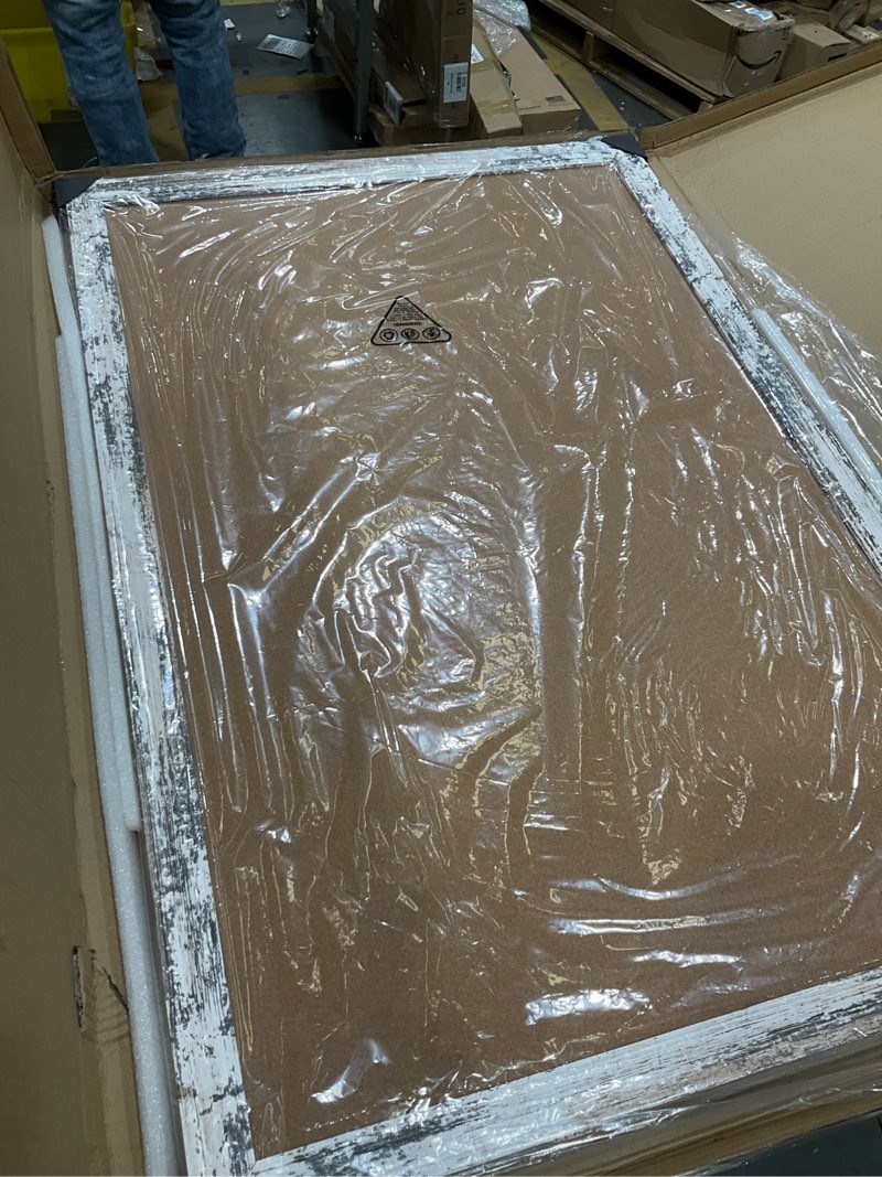 Condition photo showing Good Condition for White Cork Board for Wall, 36 x 24 inches Decorative Bulletin Board, Rustic Wooden Frame Pin Board for Office, Dorm, Home Decor