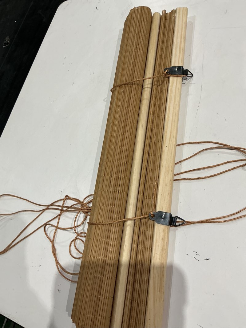 Condition photo showing As Is for bayue bamboo blinds for interior windows, roll up light filtering, 23x48 in | bamboo shades for indoor windows with install hardware for bedrooms, living rooms, dining areas, home offices, and sunrooms bamboo carbonized broad 23"w x 48"h