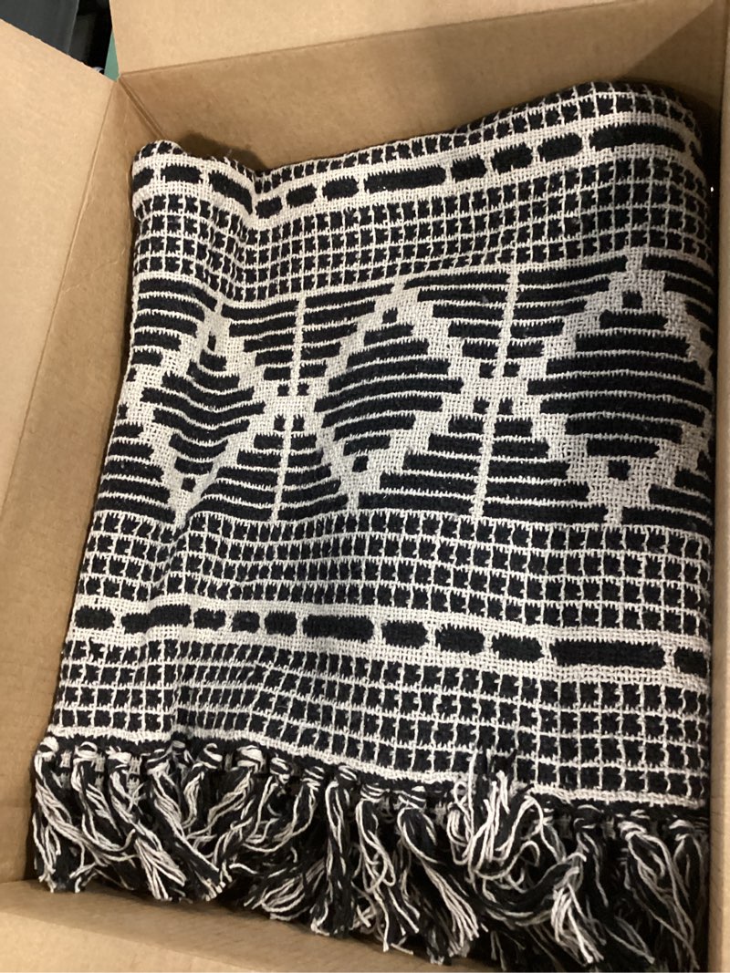 Condition photo showing As Is for Bloomingville Soft Reclaimed Cotton Blend Throw with Diamond Pattern and Fringe, Black and Beige