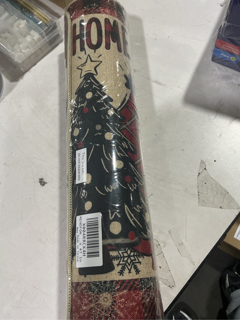 Condition photo showing New/Like New for MEHOFOND Merry Christmas Kitchen Rugs Set of 2,Red Buffalo Plaid Xmas Tree Kitchen Rugs,Christmas Decorative Winter Holiday Floor Mat,Snowflake Door Mat Home Decorations 17 x 29 and 17 x 47 in