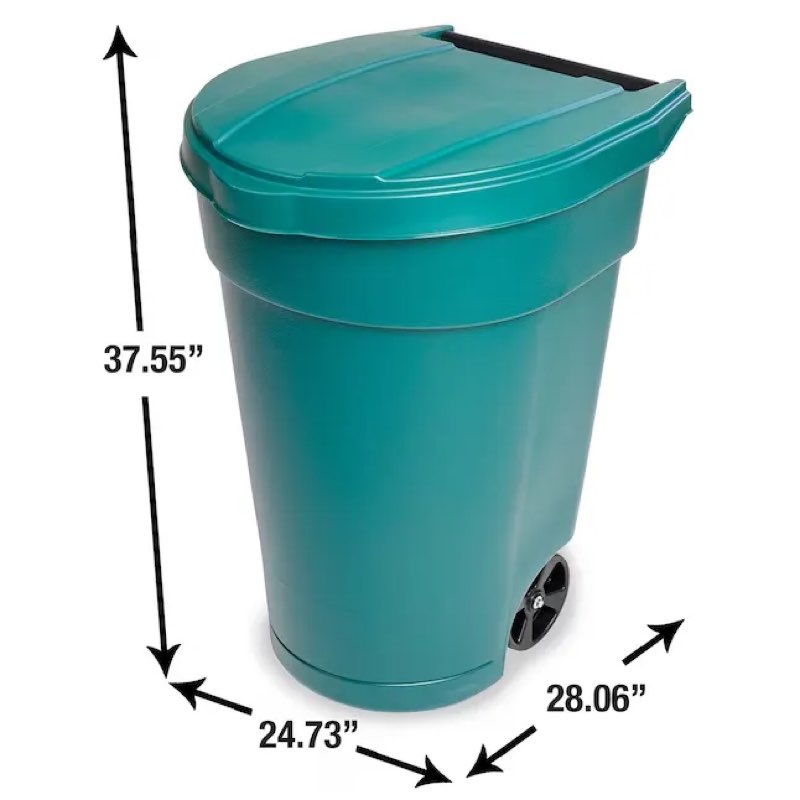 project source tb0135 50-gallon green plastic wheeled outdoor hinged lid trash can