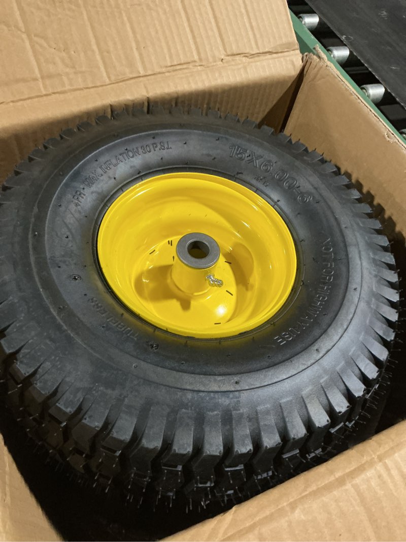 Condition photo showing Good Condition for (2 pack)15x6-6 lawn mower tire and wheel,tubeless 15x6.00-6nhs lawn mower tire and rim,3/4" and 5/8" bearing,1"bushings,3" offset hub,compatible with riding mowers front wheel
