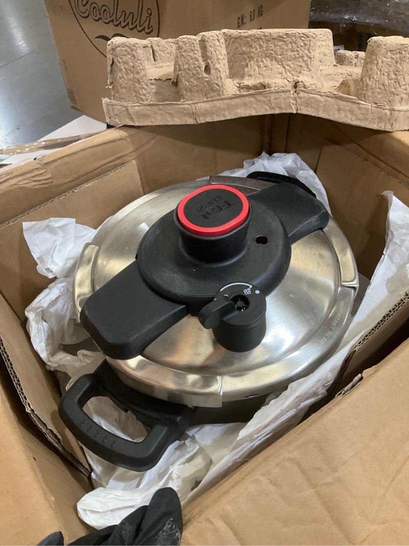 Condition photo showing As Is for t-fal clipso stainless steel pressure cooker, 6.3 quart, recipe book, steam basket, easy-open lid, secure locking system, adjustable pressure valve, induction cookware, pots and pans, kitchen, silver