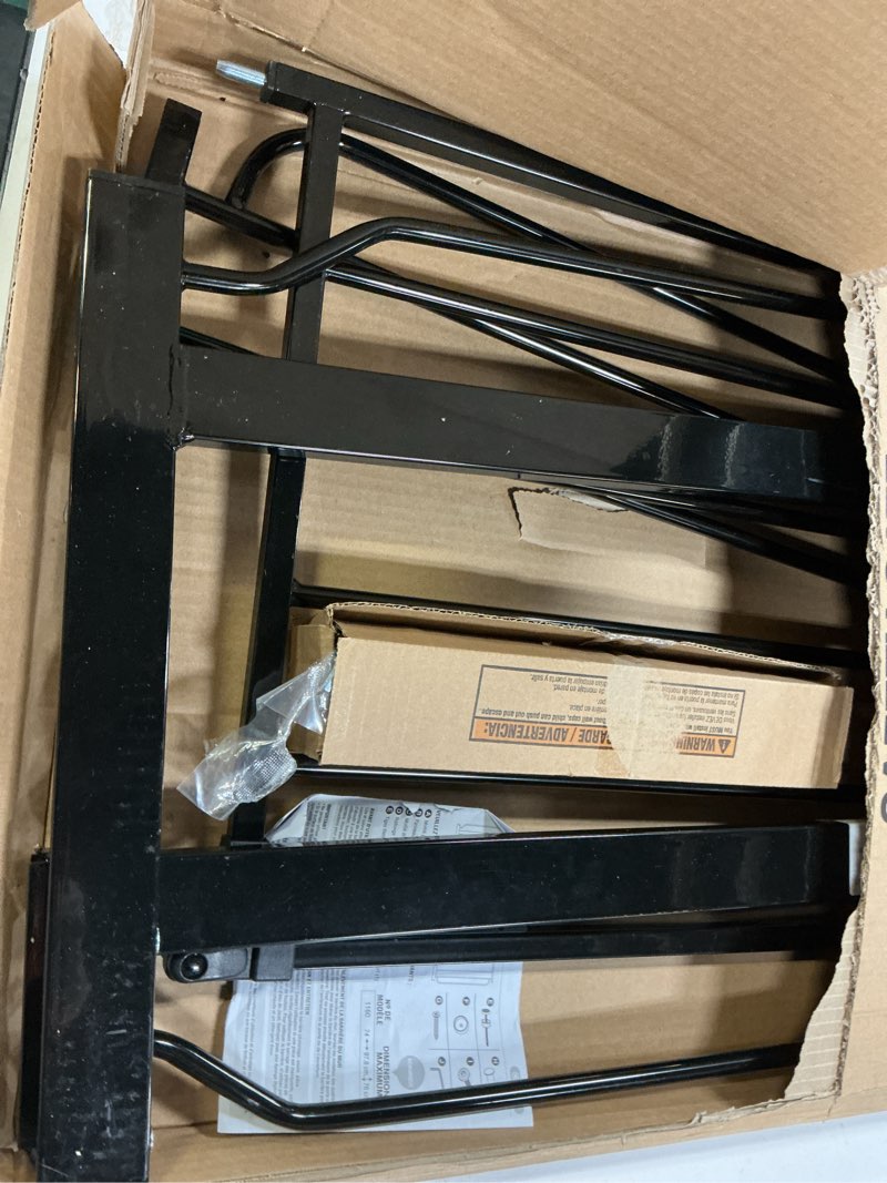 Condition photo showing As Is for regalo safety 29-38.5" baby gate for doorways & bottom of stairs, pressure mounted baby gate with door for babies, toddlers & pets, tested & safe for 30 years, american designed, american owned, black black 29-38.5"w x 30"h