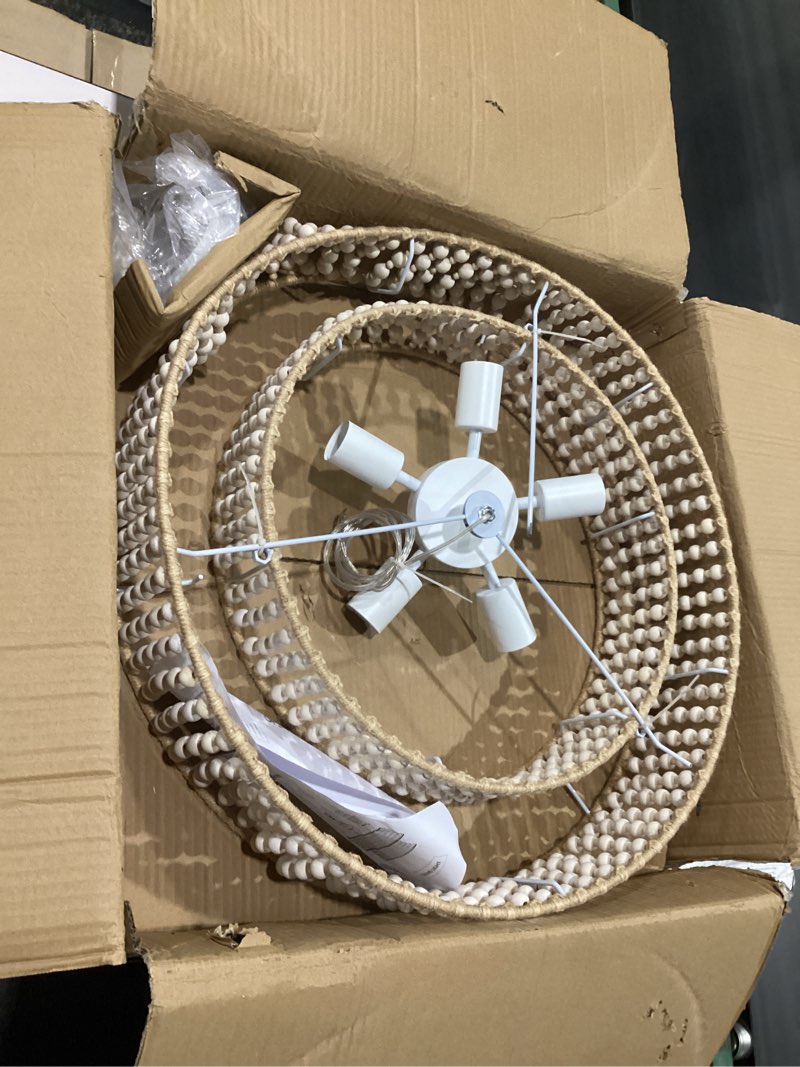 Condition photo showing As Is for 24" boho chandelier,5 lights wood beaded drum pendant light fixtures d d-24in