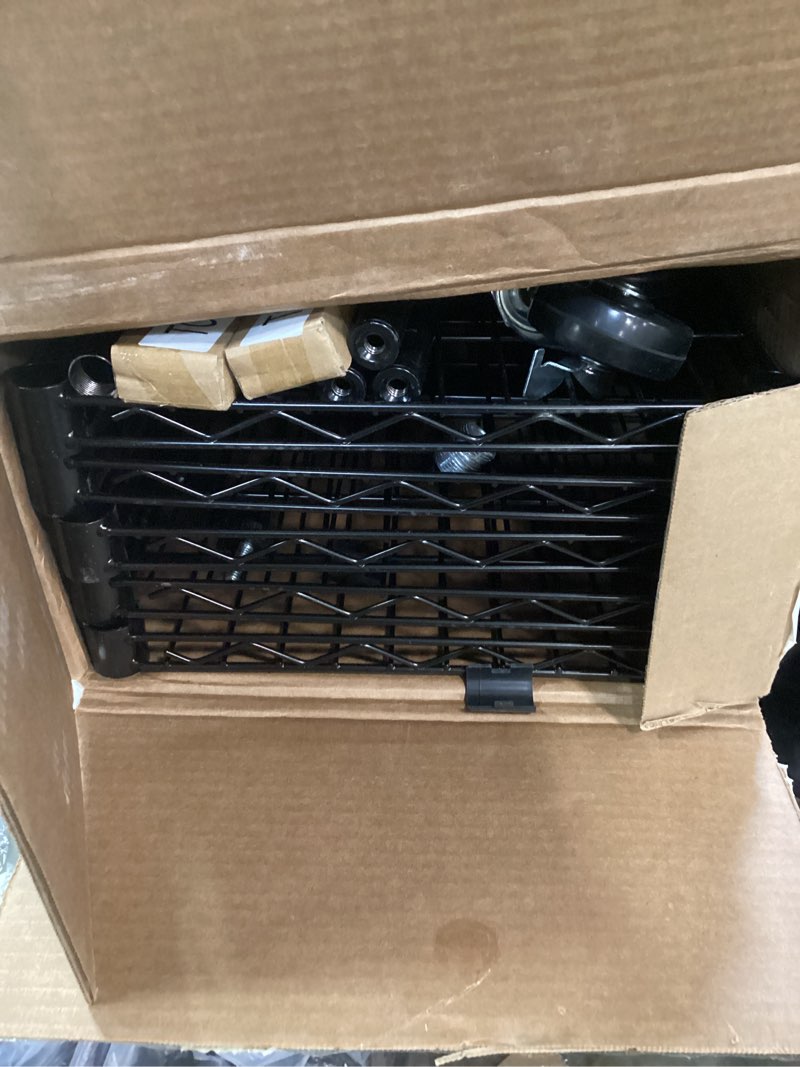 Condition photo showing As Is for YNN Storage Shelves,1750Lbs 5 Tier Heavy Duty Metal Rolling Shelving Unit with Wheels & 8 Hooks, Adjustable Garage Wire Rack for Kitchen, Bathroom,Industrial,Pantry(36" W x 14" D x 72" H,Black) 5-tiers Black