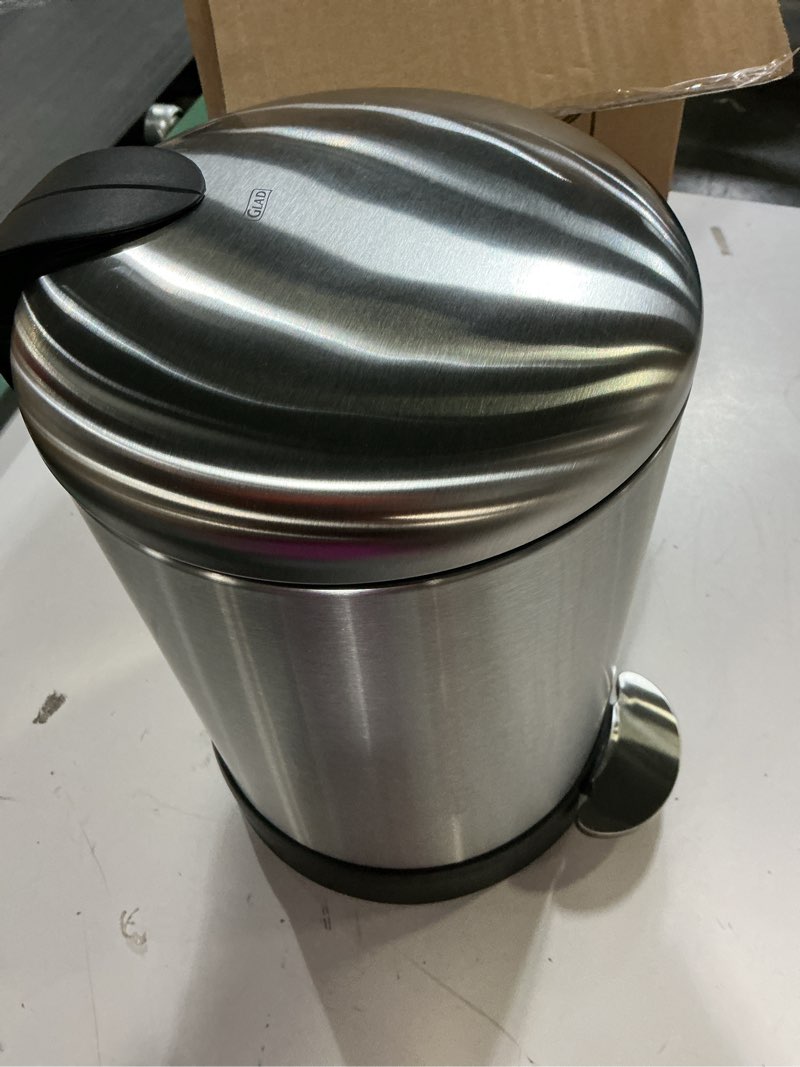 Condition photo showing Good Condition for Glad Small Trash Can, 1.2 Gallon | Round Stainless Steel Garbage Bin with Soft Close Lid & Step Foot Pedal | Metal Waste Basket with Removable Inner Bucket, Stainless