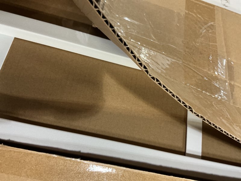 Condition photo showing New/Like New for fixed window safety guard 19”x 38” adjustable width prevents accidental falls, non-egress, tamper resistant screws included, white, single pack 19x38 inches