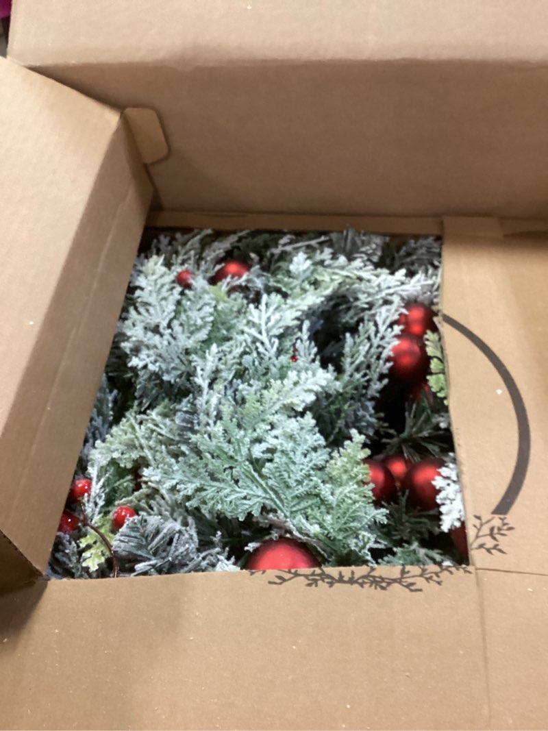 Condition photo showing Good Condition for 24-Inch Wreath and 2PC 6 feet Garland Set! Classic Red Ball with Snow Flock, Each with 50 Color-Changing LED Lights! Battery Operated with Timer. Christmas Set SET- 1 wreath, 2 Garland