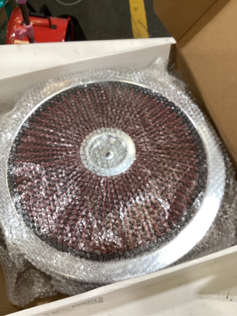 Condition photo showing Good Condition for 14"x3" high flow round air cleaner filter assembly kit compatible with gmc chevy ford chrysler dodge v8, for carburetor 5-1/8" carb neck, flow-thru lid, washable and reusable, red chrome chrome/red