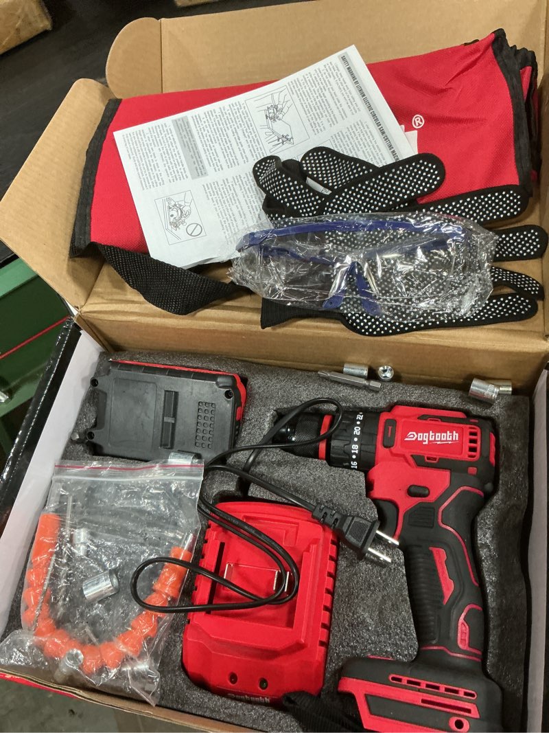 Condition photo showing Good Condition for dogtooth 21v max cordless drill driver kit with 2 * batteries and charger, compatible with makita 18v battery build-in led, variable speed trigger, 0-1500 rpm, brushless motor, bits, carry bag brushless with 2 batteries - red