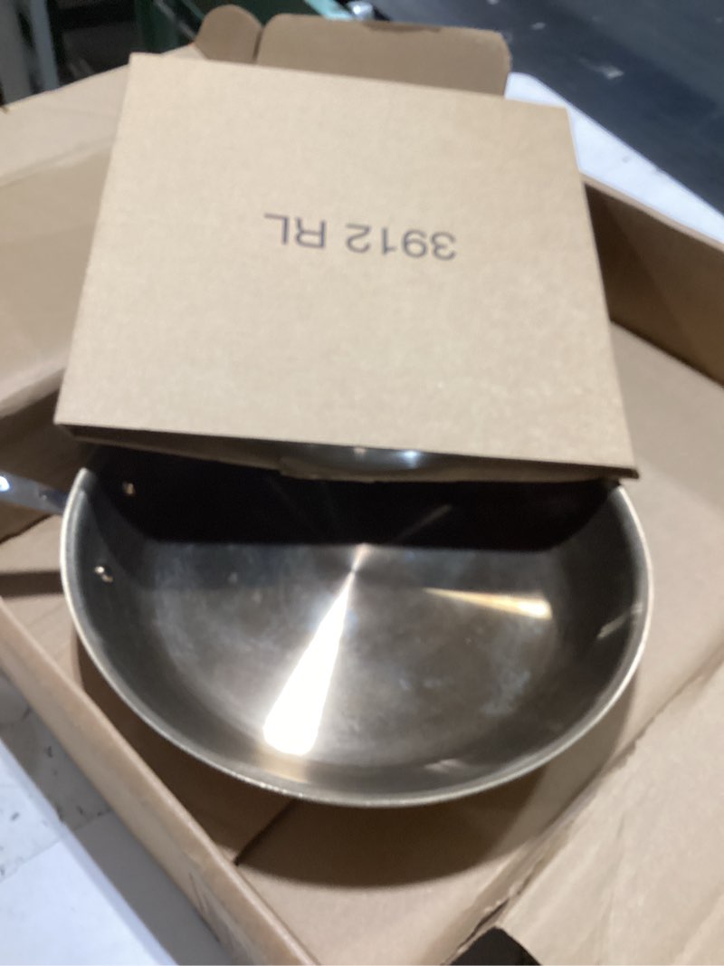 Condition photo showing As Is for all-clad d3® stainless steel 10 inch frying pan covered- made in the usa- the original bonded professional cookware- oven safe & induction compatible 10" stainless steel pan with lid