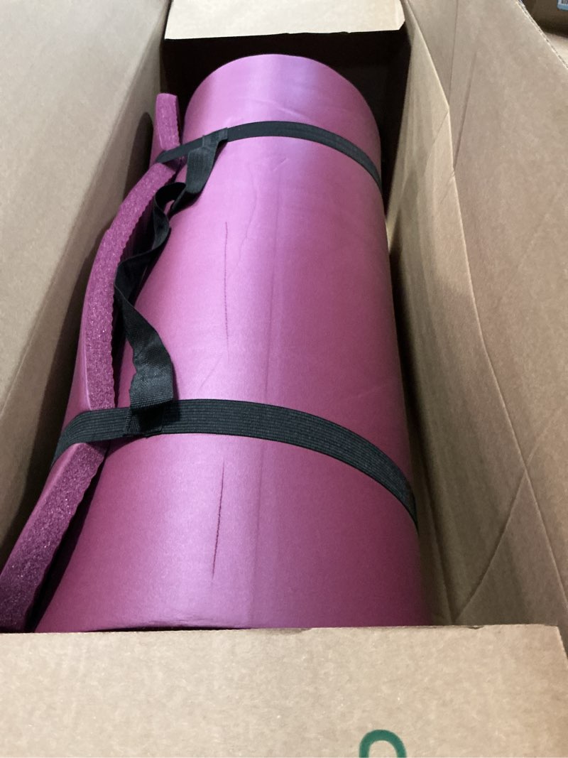 Condition photo showing As Is for fitvids 1/2-inch thick high density foam exercise yoga mat with carrying strap, for cushioning the body against hard floors, deep wine