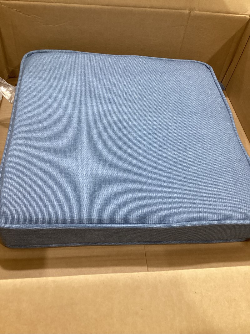 Condition photo showing As Is for sunbrella 18" x 18" dining chair pad cushion with corded edge, soft fiber batting insert, removable reversible cover & ties - canvas navy