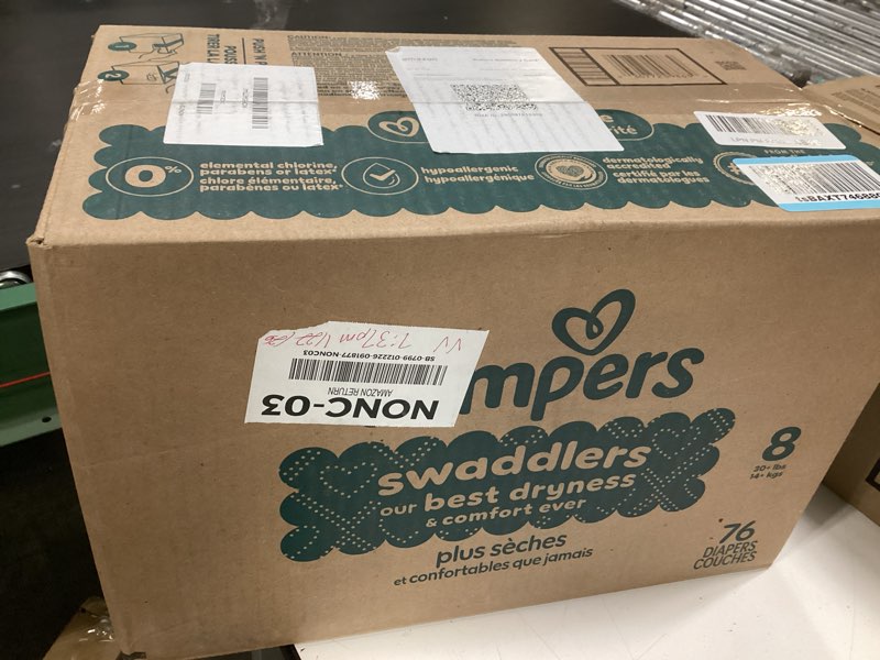 Condition photo showing New/Like New for Pampers Swaddlers Diapers, Size 8 (30+ lbs), 76 Count, Absorbent, Keeps Baby Dry and Comfortable, Skin Safe Disposable Baby Diaper (Packaging May Vary) Size 8 76