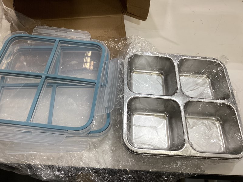 Condition photo showing Good Condition for stainless steel snack containers with lids, snack box set of 2, 4-compartment divided bento box, leak-resistant reusable metal food storage containers for meal prep, office gym travel 2pack-blue
