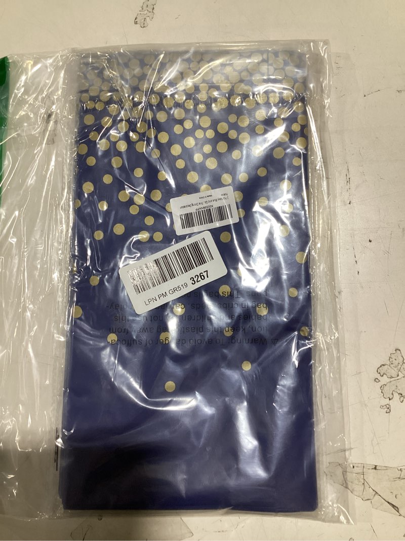 Condition photo showing Good Condition for 2 pcs navy blue and gold plastic tablecloth for rectangle table, 54 × 108 inches disposable gold dot dark blue party table covers for anniversary, wedding, fine dining, graduation party decoration gold dot-navy blue 54" x 108" rectangle