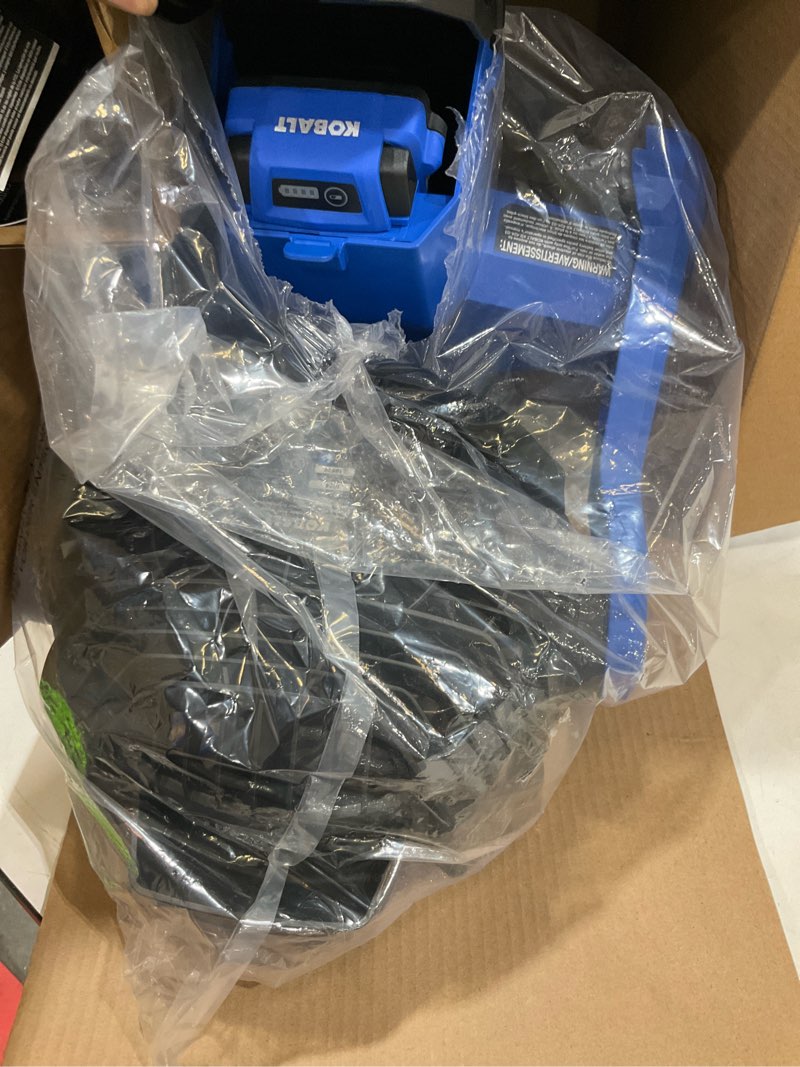 Condition photo showing As Is for kobalt 7-in 24-volt 3-speed high velocity indoor/outdoor blue misting floor fan (battery and charger included)