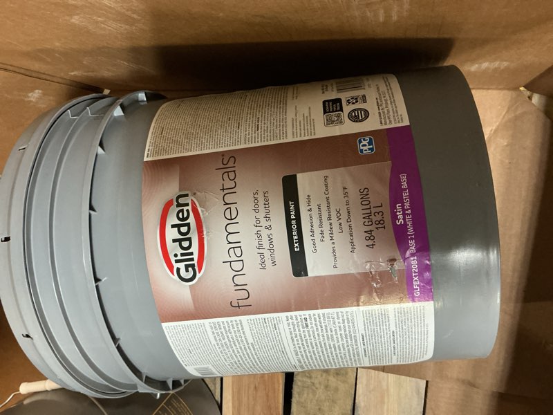 Condition photo showing New/Like New for glidden fundamentals bone white / beige, satin exterior paint, 5 gallon
