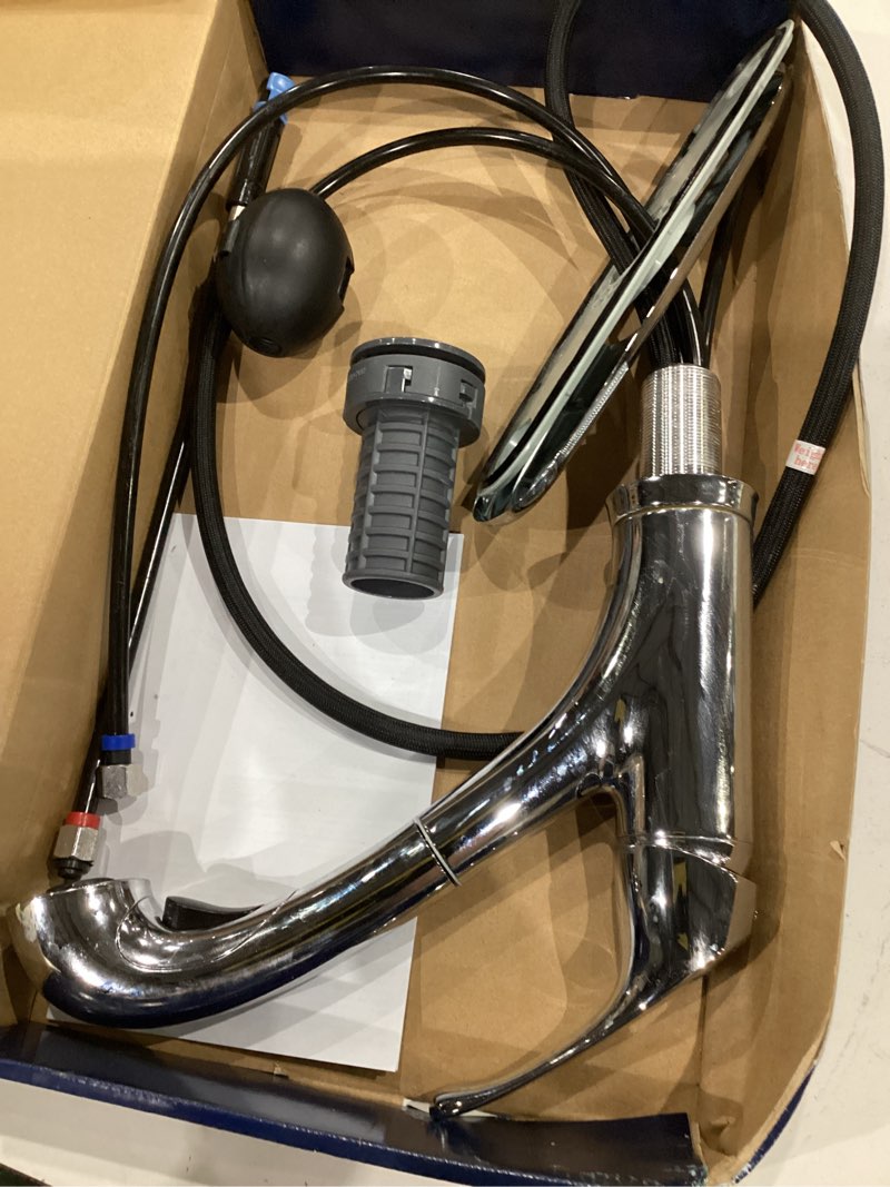 Condition photo showing Good Condition for project source everfield polished chrome single handle deck-mount pull-out kitchen faucet with sprayer (includes deck plate)