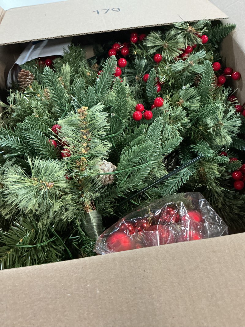 Condition photo showing Good Condition for Set of 2 Outdoor Pathway Christmas Trees with Lights, 30in Prelit Battery Operated Artificial Xmas Tree Holiday Décor for Porch, Urn & Planter Filler, Red Berries, Pine Cones, Ball Ornaments Green With Red Berries
