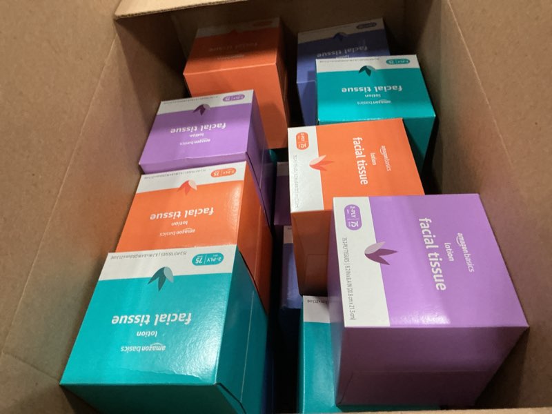 Condition photo showing Good Condition for amazon basics facial tissues with lotion, 2-ply, 1350 count (18 packs of 75), cube box, (packaging may vary) 75 count (pack of 18)