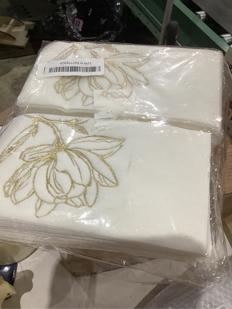 Condition photo showing As Is for 50 pack gold magnolia napkins - gold floral disposable napkins - cloth-like feel dinner paper - vintage heavy duty hand towels for bathroom wedding holiday party bridal decorative towels
