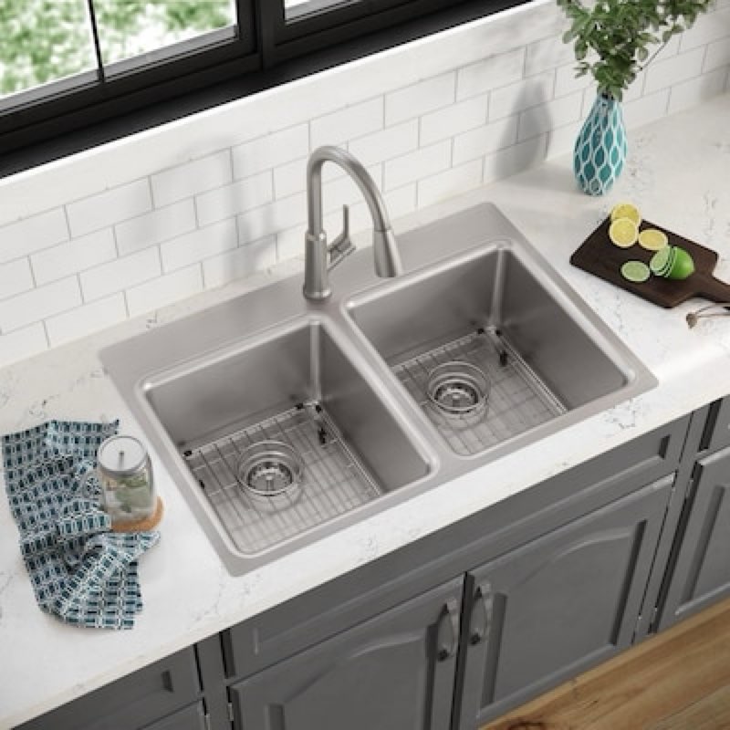 elkay greenwood drop-in or undermount 33-in x 22-in stainless steel double equal bowl 18 -gauge kitchen sink