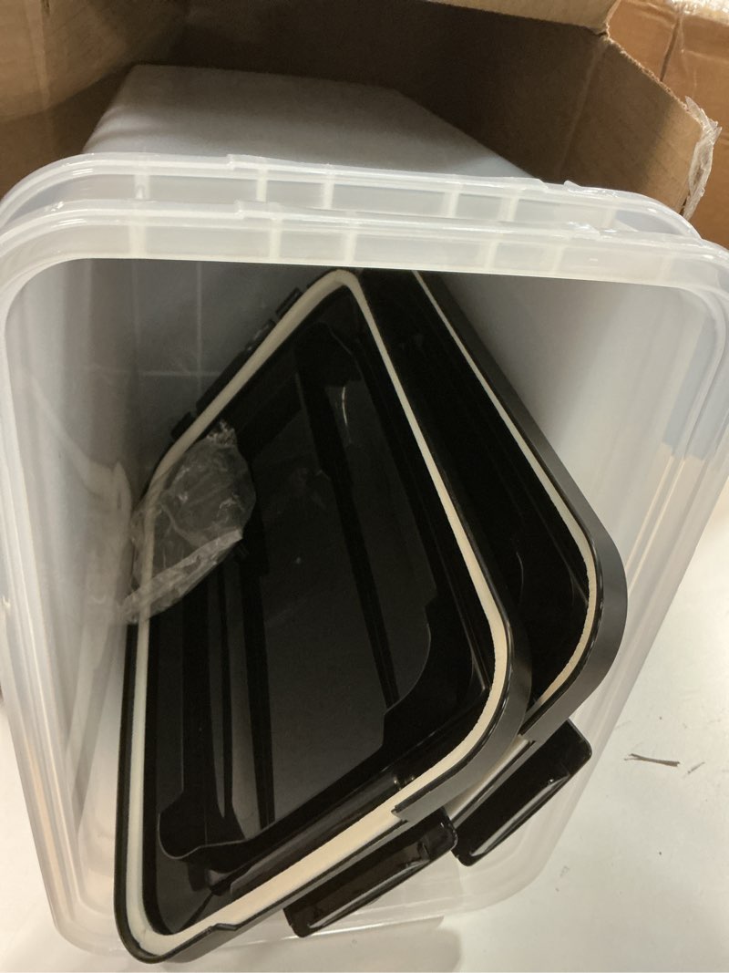 Condition photo showing Good Condition for IRIS USA Dog Food Storage Container, 2 Pack, Up to 30 lbs Each, Airtight Seal for Freshness, Wheels for Rolling, Easy One Hand Opening, Made in USA, BPA Free, Clear/Black