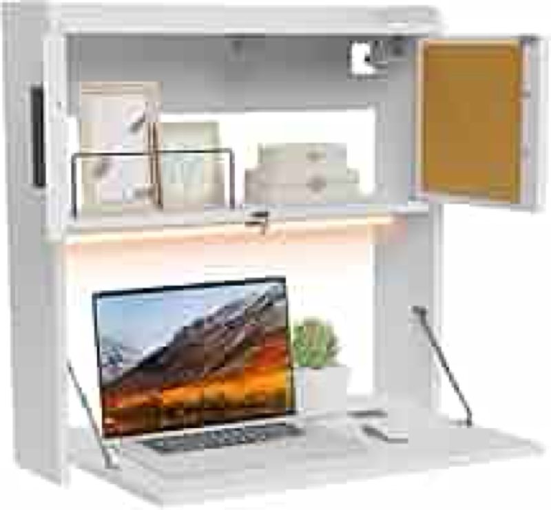 artethys wall mounted desk with led light farmhouse multifunctional fold down laptop computer table writing workstation with storage compartments space saving for home office,  white