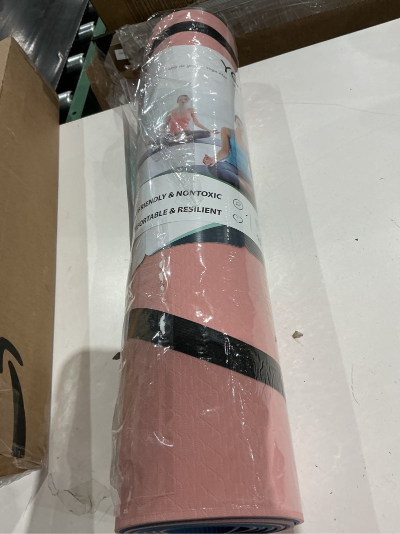 Condition photo showing Good Condition for yogati® yoga mat with strap with alignment lines. home workout mat for women, men and kids. thick non slip yoga mat for pilates and fitness. brown, pink and purple yoga mats