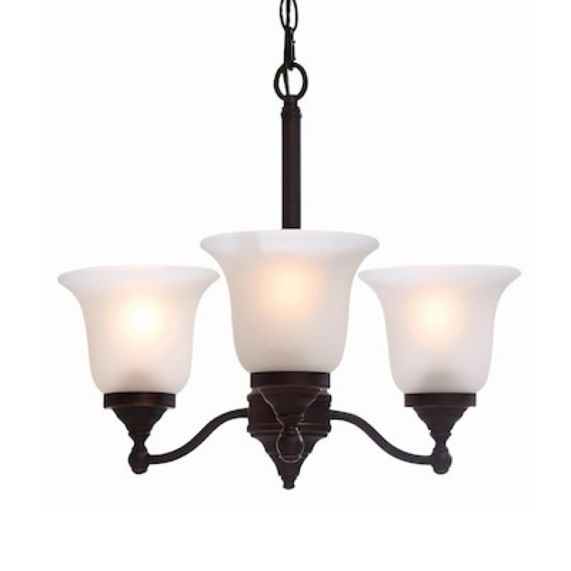 Condition photo showing As Is for project source roseall 3 -light oil-rubbed bronze etched glass mixed material chandelier