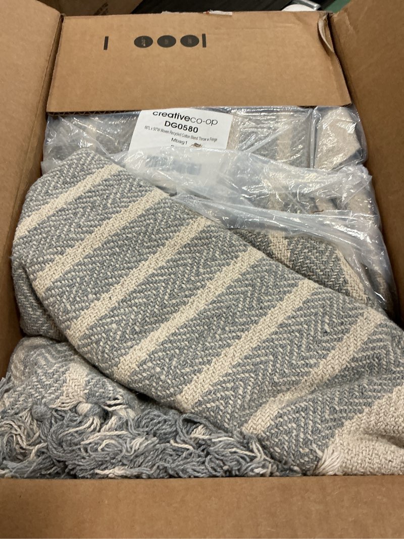 Condition photo showing Good Condition for creative co-op woven cotton blend throw with stripes and fringe, blue and natural pattern 9